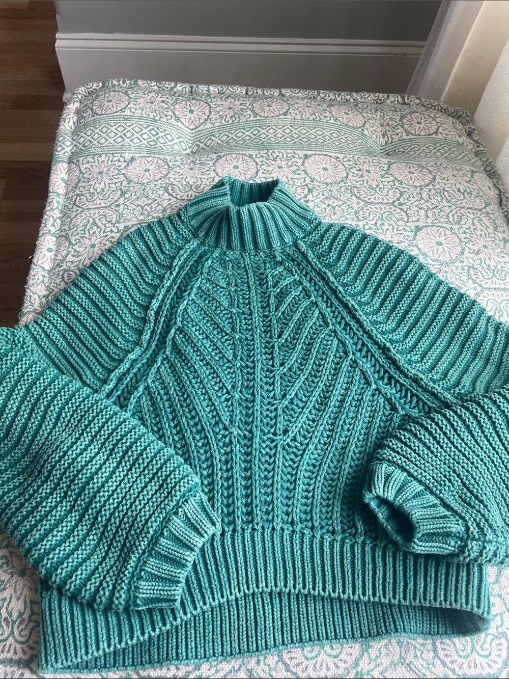 Free People Teal Cable Knit Turtleneck Sweater